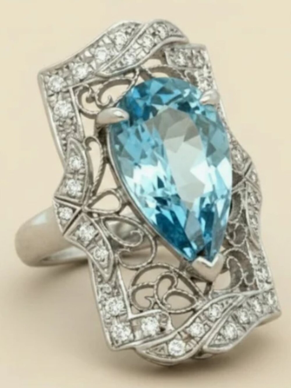 Platinum Art Deco Style Filigree Aquamarine & Diamond Bridal Engagement Ring